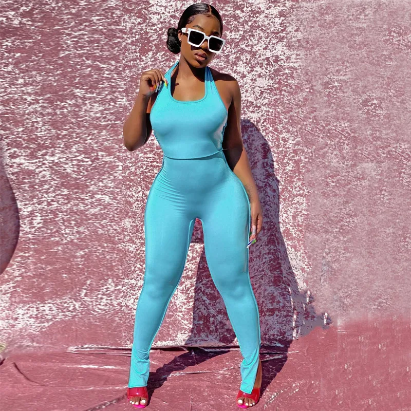 

hirigin Jumpsuits Summer Women Backless Summer Blue Solid Sexy Halter U-neck Slimming Long Rompers Casual Sports Flared Pants
