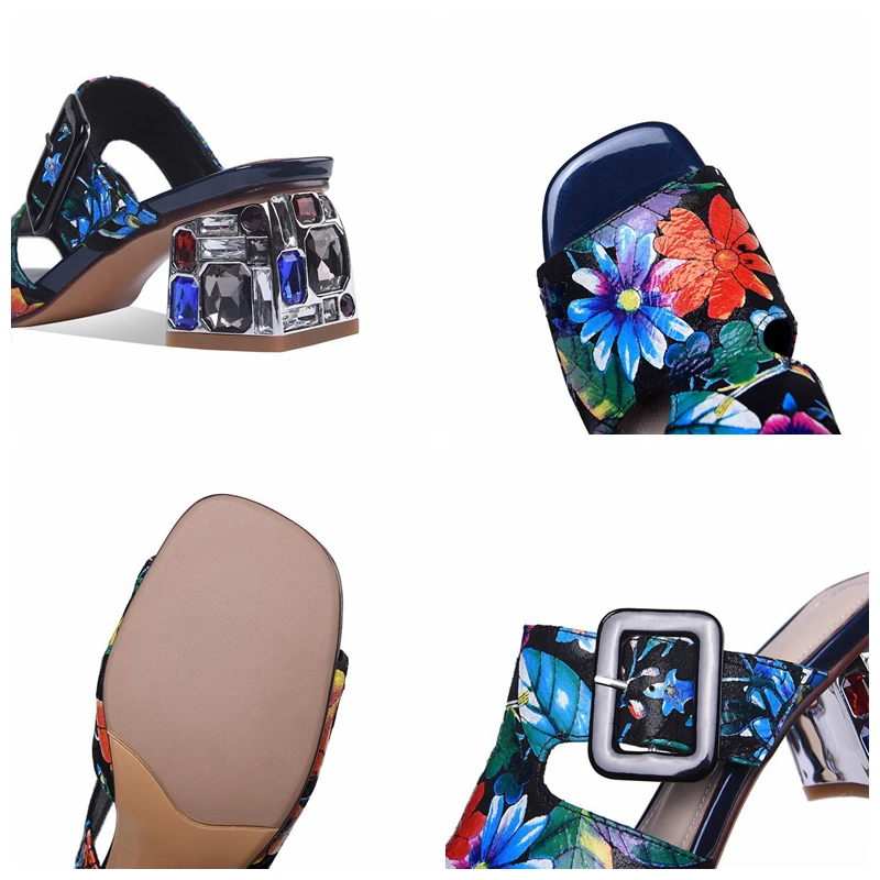 

REAVE CAT New 2021 Ladies Sandals Open Toe Rhinestone Thick Square Heels Colorful Ethnic Pattern Buckle Big Size 34-43 A4047