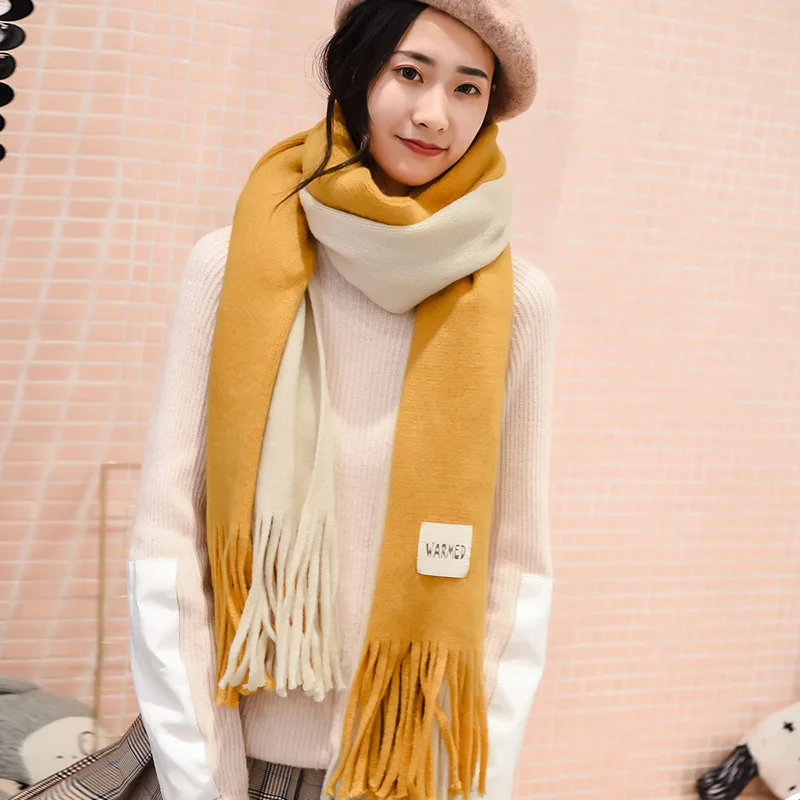 Patchwork yellow Женские однотонные кашемировые шарфы, женские зимние плотные теплые мягкие пашмины шали, шали, палантины, розовый, черный, Женский вязаный шерстяной длинный шарф - Цвет: Patchwork yellow