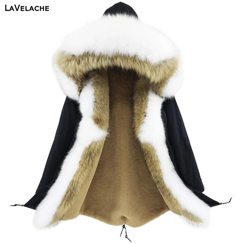 Женская парка с мехом енота длинная теплая куртка капюшоном и воротником из