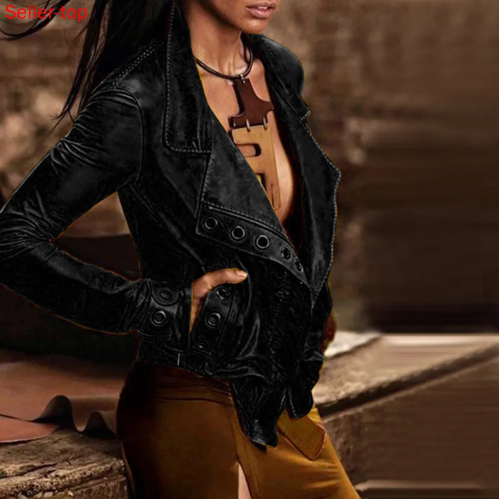 

Women Plus Size Jacket Autumn Winter Solid Colors Lady Faux Leather Motorcycle Biker Jacket Long Sleeve Short Coat Outerwear