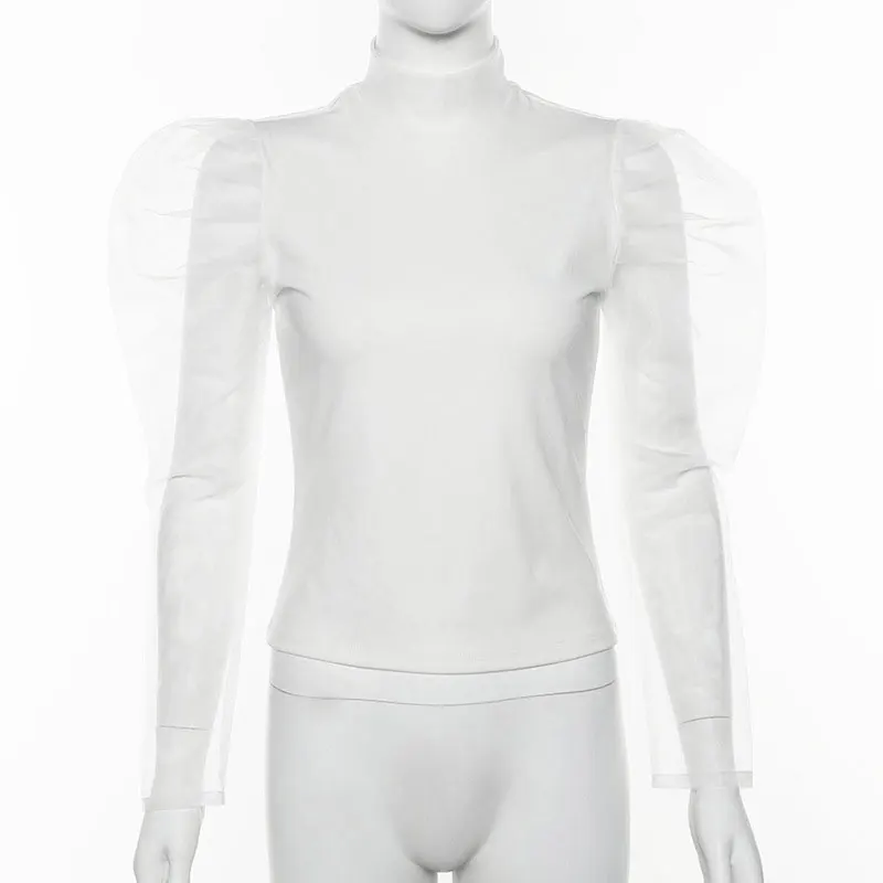 

Fashion Casual Women Summer See-through Top Sheer Mesh Blouse Turtleneck Puff Long Sleeve Pullover Ladies Slim Shirt 2020