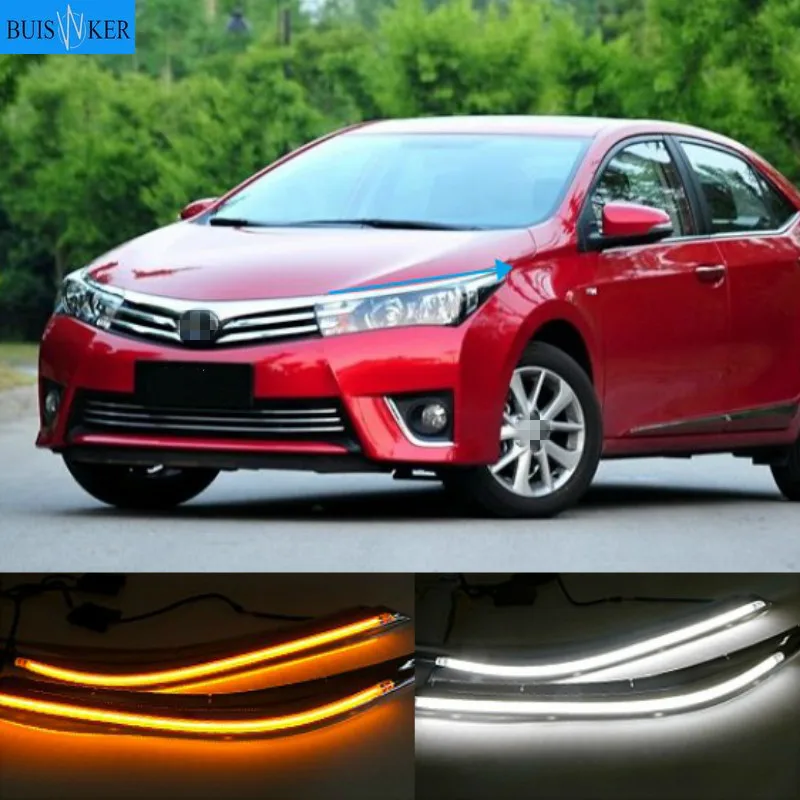 

Для Защитные чехлы для сидений, сшитые специально для Toyota corolla 2014 - 2019 светодиодный DRL головной светильник бровей дневные ходовые огни светильник противотуманных фар с течет динамический желтый сигнал поворота