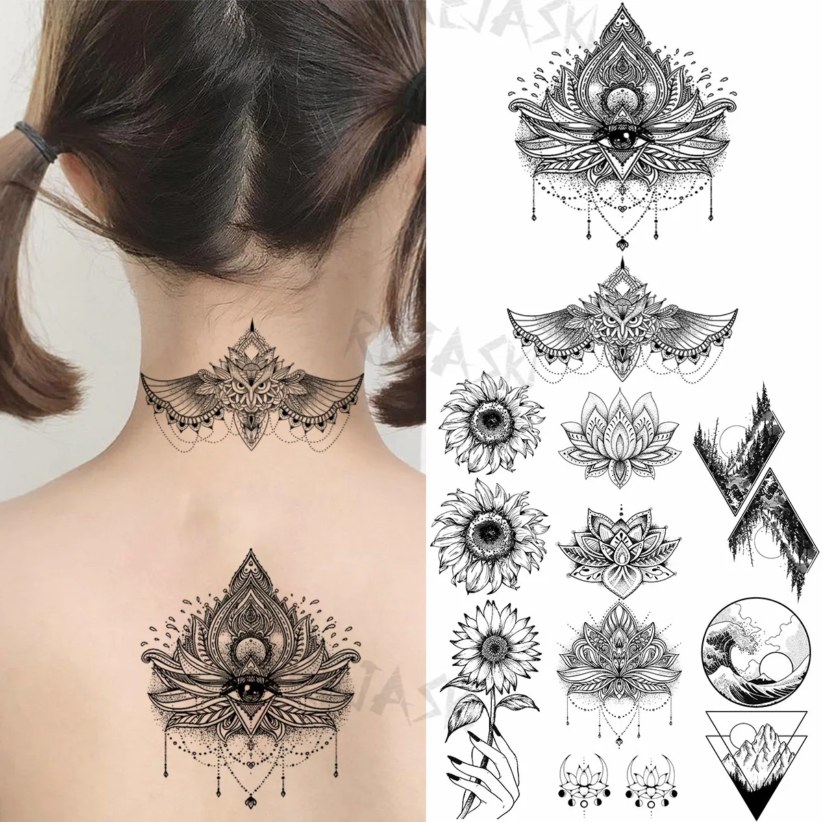 

Mandala Pendant Temporary Tattoos For Women Adult Sunflower Geometric Mountain Sea Fake Tattoo Back Neck Water Transfer Tatoos