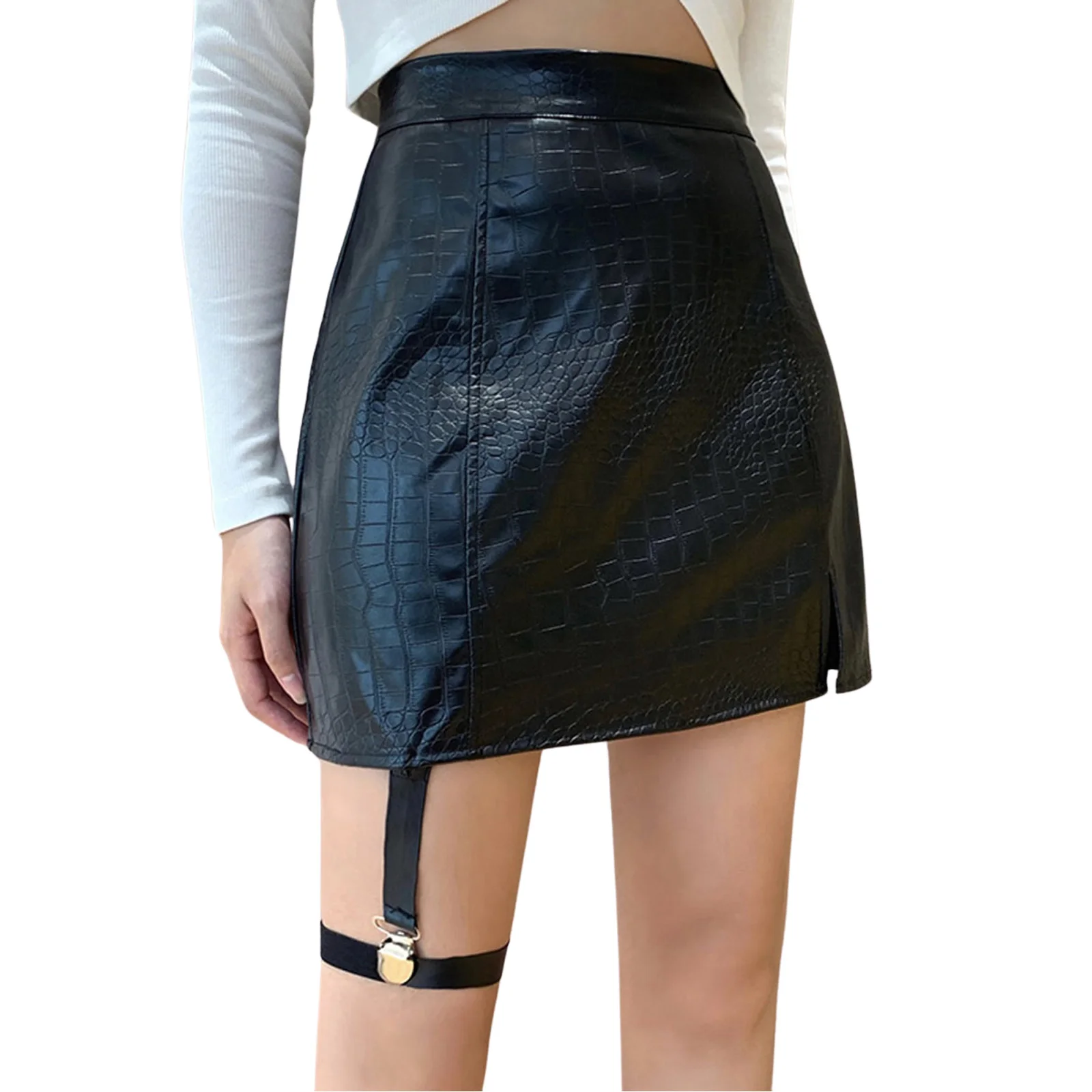 

2021 New Women Alligator Print Skirt, Adults Sexy High Waisted Mini Skirt with Leg Strap (Black) Party Cluewear Fashion Skirt