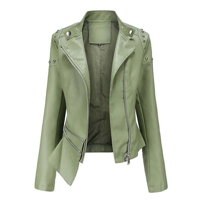 

Autumn PU Faux Leather Jacket Women's Clothes Long Sleeve Lapel Collar Rivet Female Casual Outerwear Motorcycle Jackets 2021