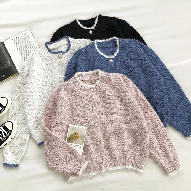 

Autumn Winter New Sweater Coat Korean Hit Color O-neck Long Sleeve Knitwear Causal Vintage Knitted Cardigan Cotton Polyester