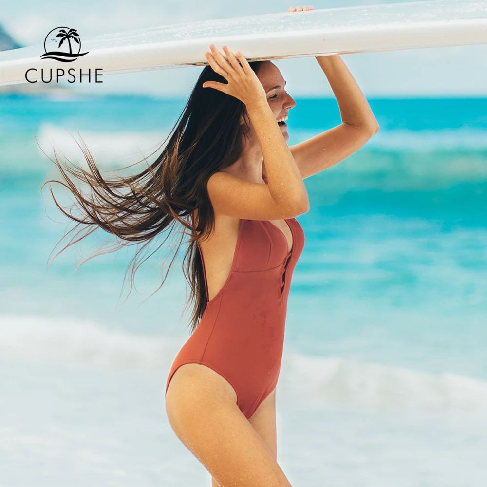 CUPSHE активный Оранжевый Плетеный Цельный купальник для женщин, сплошной глубокое погружение монокини с v-образным вырезом, пляжные купальные костюмы для девочек