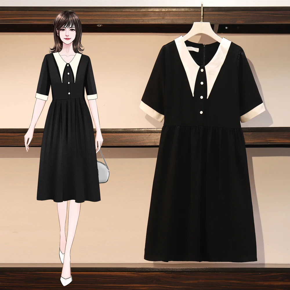 Женское офисное летнее платье черного цвета однобортные платья большого размера