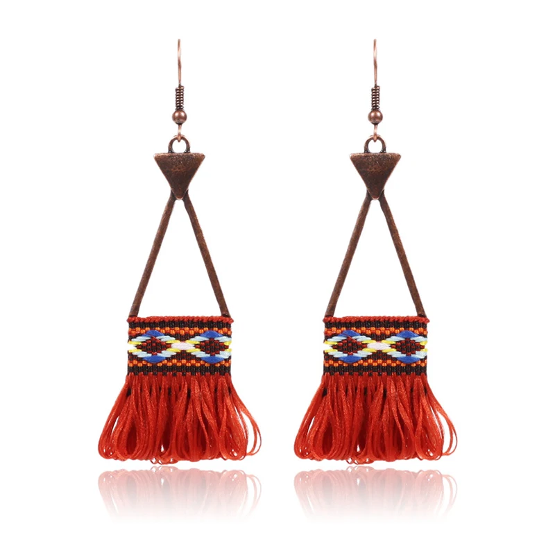 

Bohemian Tassel Crystal Long Drop Earrings for Women Red Cotton Silk Fabric Fringe Earrings Fashion Woman