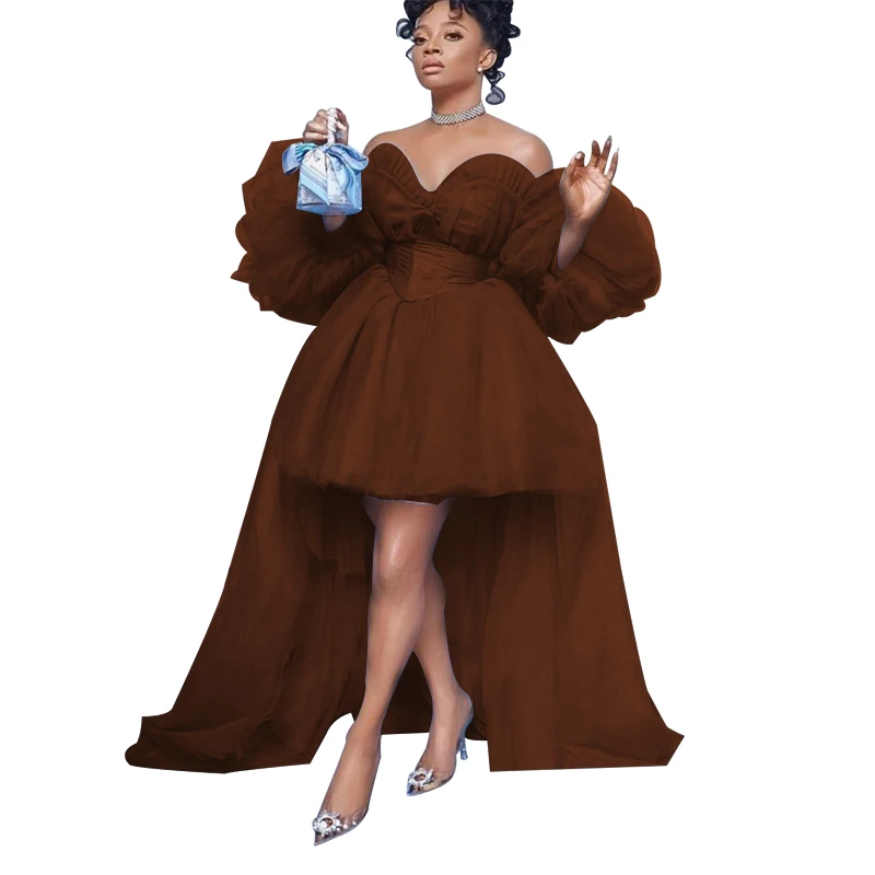 

Sweetheart Neck Bubble Sleeve Tulle Hi Low Photo Shoot Strapless Ball Gown Prom Dress for Women Sky Blue Thanksgiving Dress