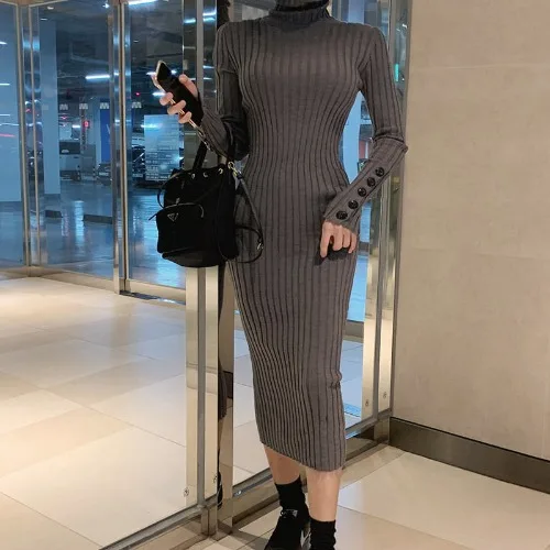 

High Collar Sexy Dress Autumn Winter Women 2021 Korean New Long Sleeve Nail Button Slim Bottomed Mid Long Buttock Skirt Vestido