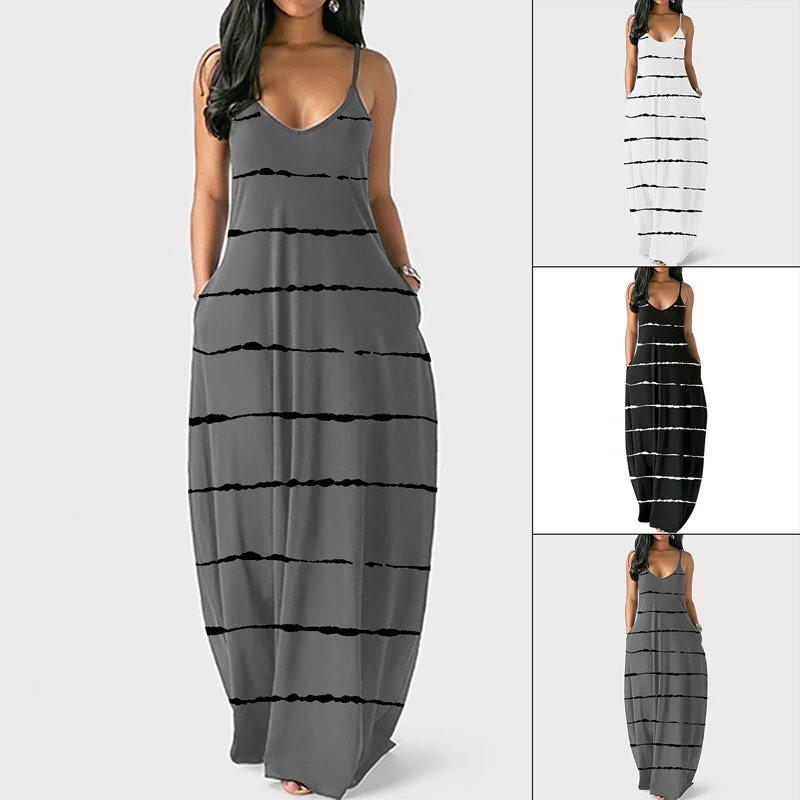 

Pluz Size Women Casual Sling Dress Gradient Stripe Geometry Print V Neck Sleeveless Dress Summer Party Dress With Pockets