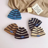 1pcs 2021 baby boys fashion striped knitted hat children basin cap trendy fan boy and girl curled labeling woolen melon hat