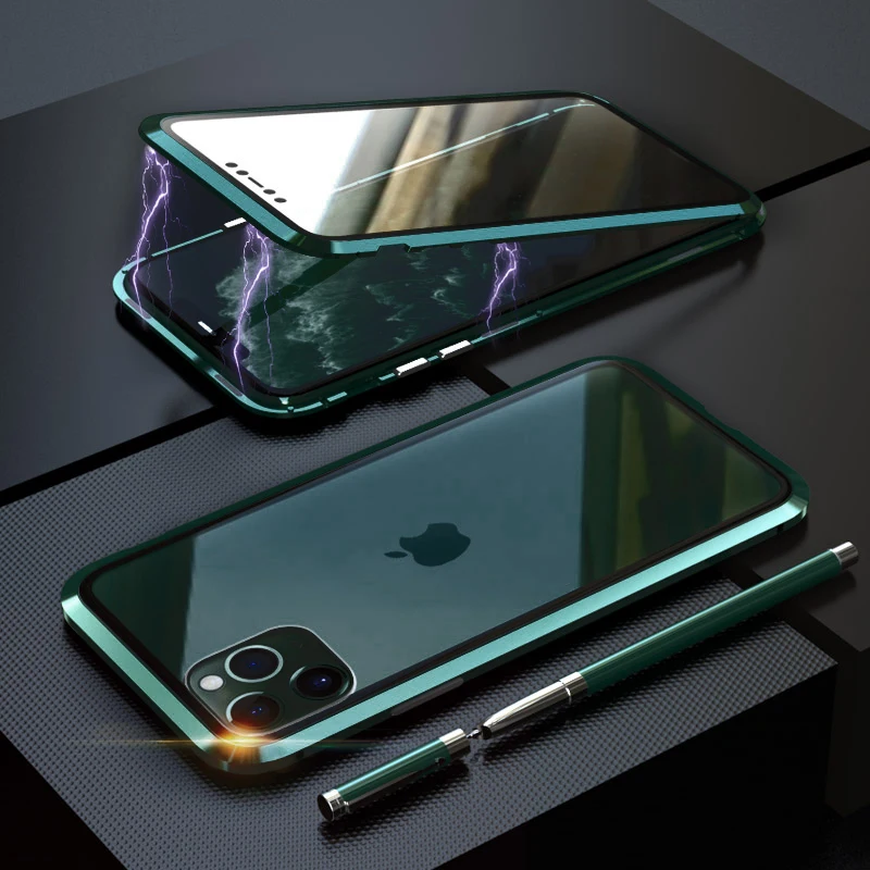 360 металлический чехол для iPhone 6, 7, 8 Plus, X, XR, XS MAX, чехол на магните, роскошный противоударный чехол из закаленного стекла для iPhone 11 Pro Max, чехол - Цвет: Dark Green