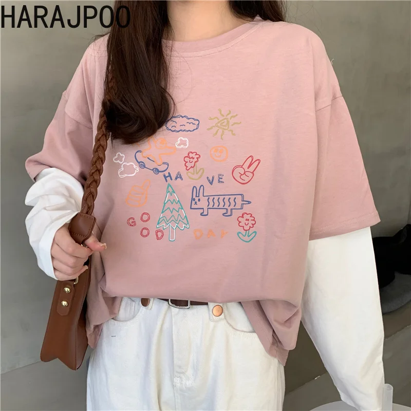 

Harajpoo Women T Shirts Fake Two Piece Japanese Long Sleeve Female 2021 Spring Autumn Loose Korean Ins Harajuku Style Tops Tide