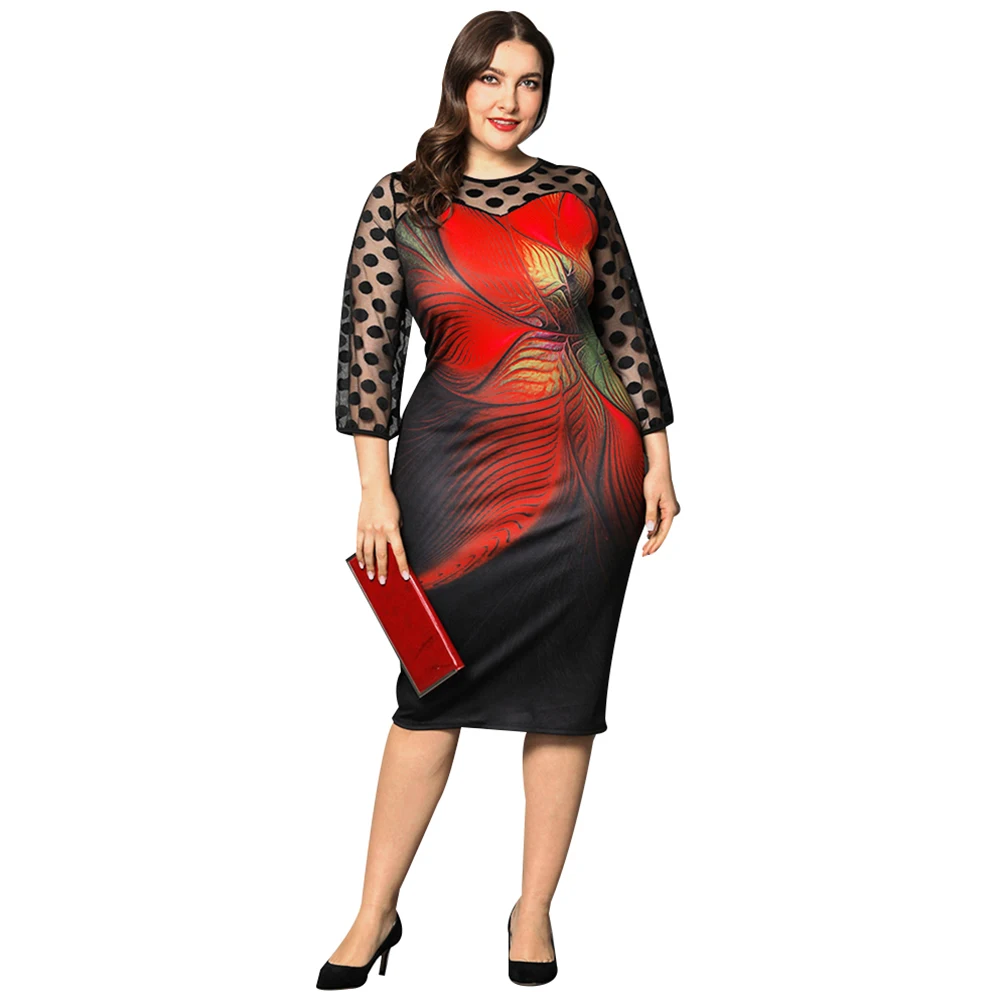 

Elegant Dress Women Floral Print Mesh Patchwork 3/4 Sleeve Bodycon Streetwear for Party Dress Plus Size dress Evening Outfit
