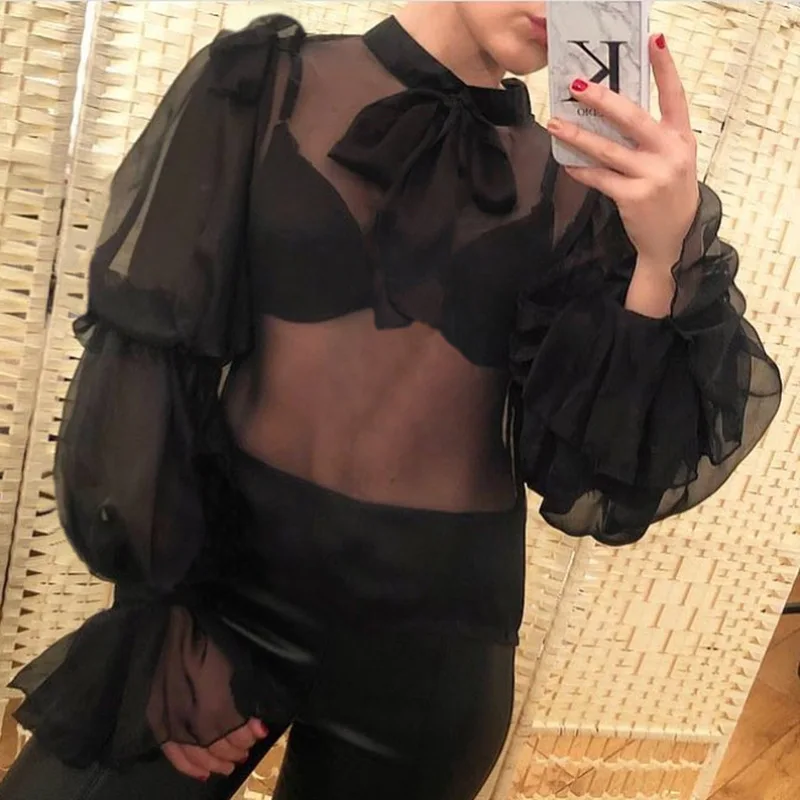 Модная рубашка с длинными рукавами-фонариками и бантом Осенняя шифоновая блузка