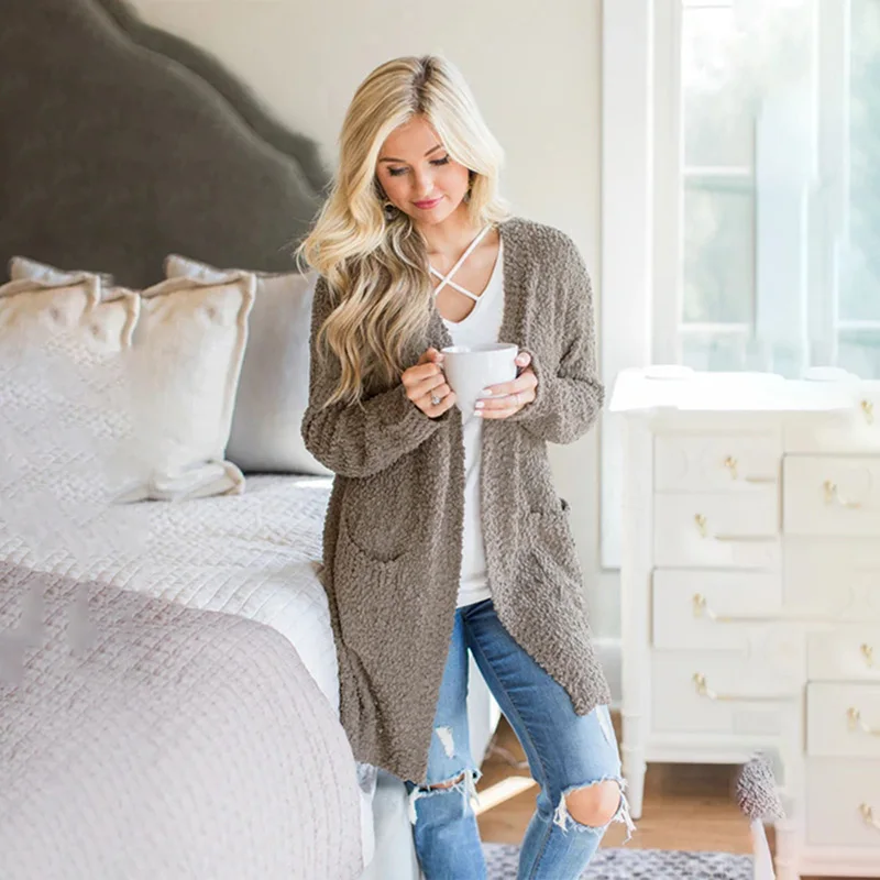 Fitshinling 7 цветов зимний длинный женский кардиган Boho Карманы Женская трикотажная куртка свитера длинный рукав тонкий кардиган для женщин