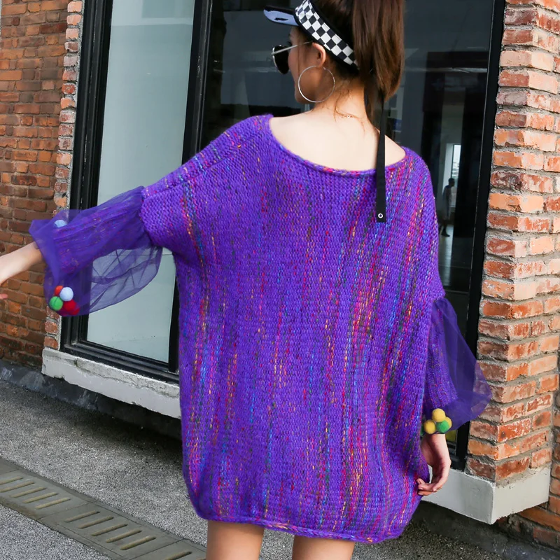 QING MO Purple Women Pullovers Sweater 2020 Cartoon Printed Female Knitted With Colorful Beading ZQY5228 | Женская одежда