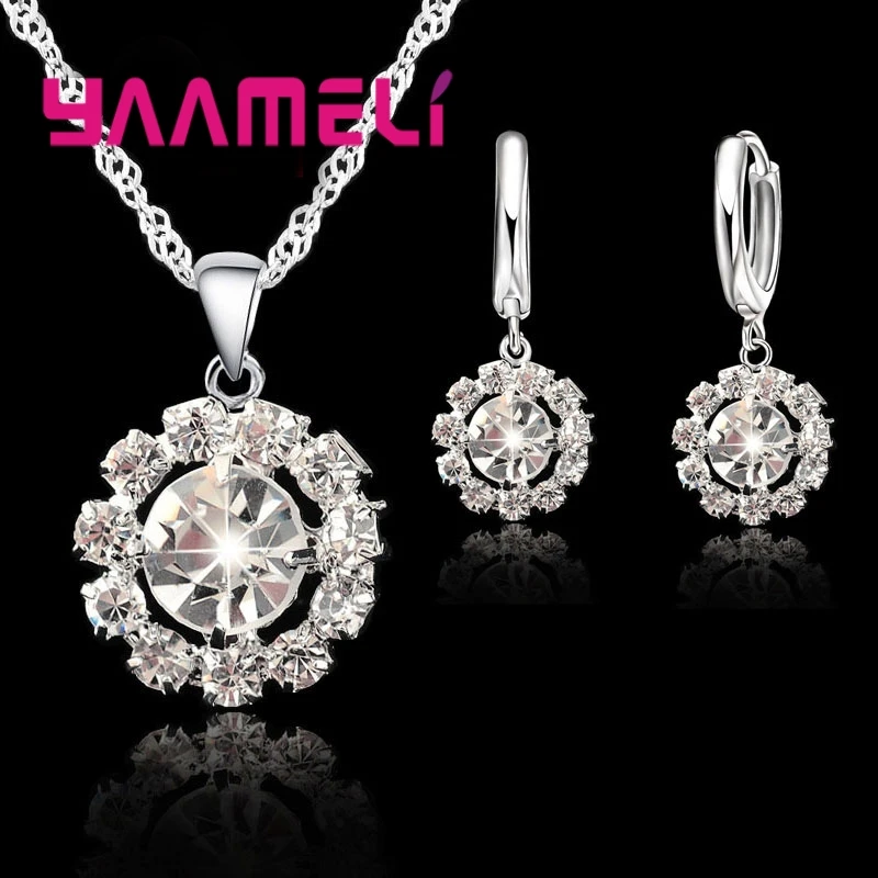 

New Classic 925 Sterling Silver Sun Flower Necklace Round Water Drop Earrings Jewelry Set Wedding Romantic Accessories