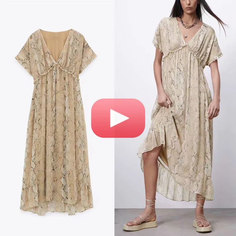 

2021 Dress Women Vintage Chiffon Short Sleeve Snake Print Summer Dress Woman Chic Ruffle Pleated Midi Party Dresses