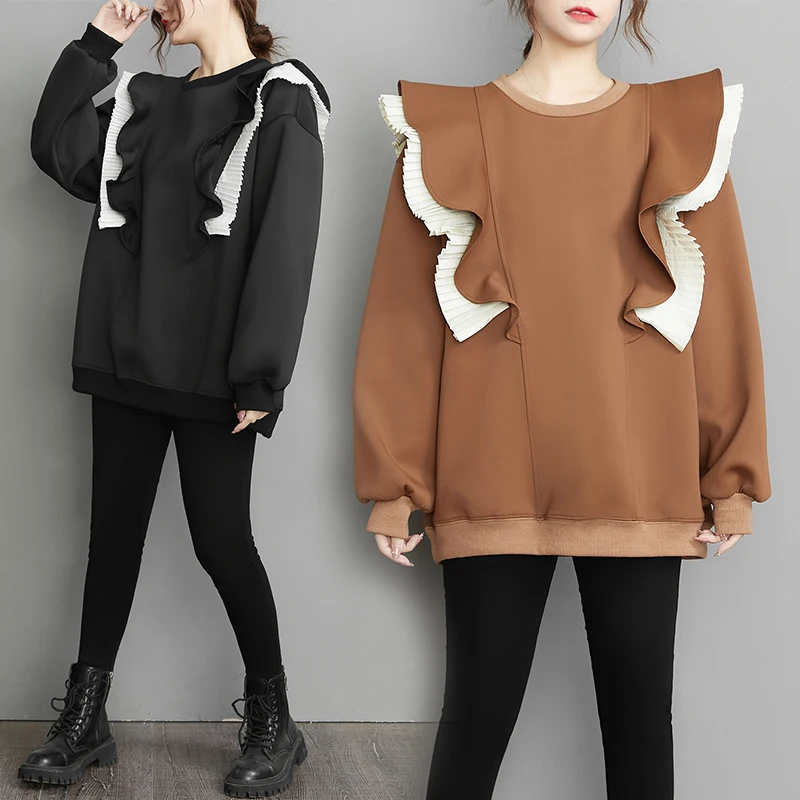 

VANOVICH Korean Style Retro Design Fashion Stitching Ruffled Plus Size Sweatshirt 2022 Autumn and Winter New Women Clothing