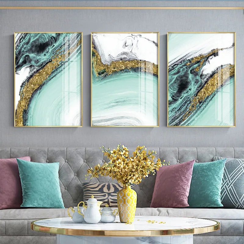 Современные абстрактные зеленые и золотые холсты художественные модные синие