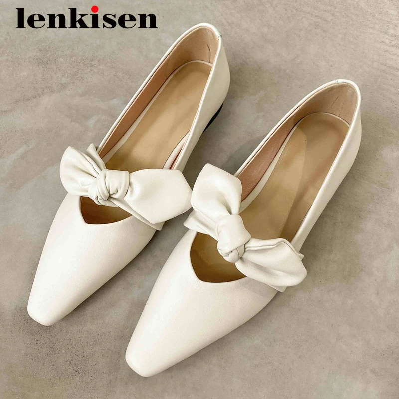 

Lenkisen large size spring season gladiator full grain leather butterfly-knot square toe low heel slip on sweet girls pumps L30
