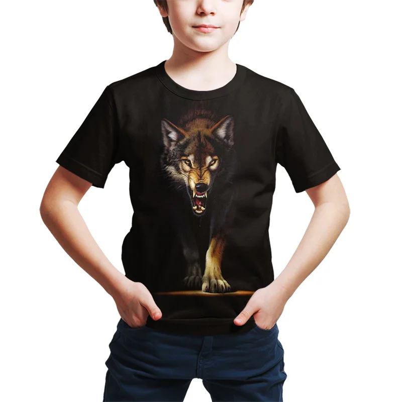 

Funny Kawaii Girls Clothes Cartoon Streetwear Boys Print 3D Wolf T Shirts Round Neck Baby Girl Tops Cartoon Casual Kids T-shirt
