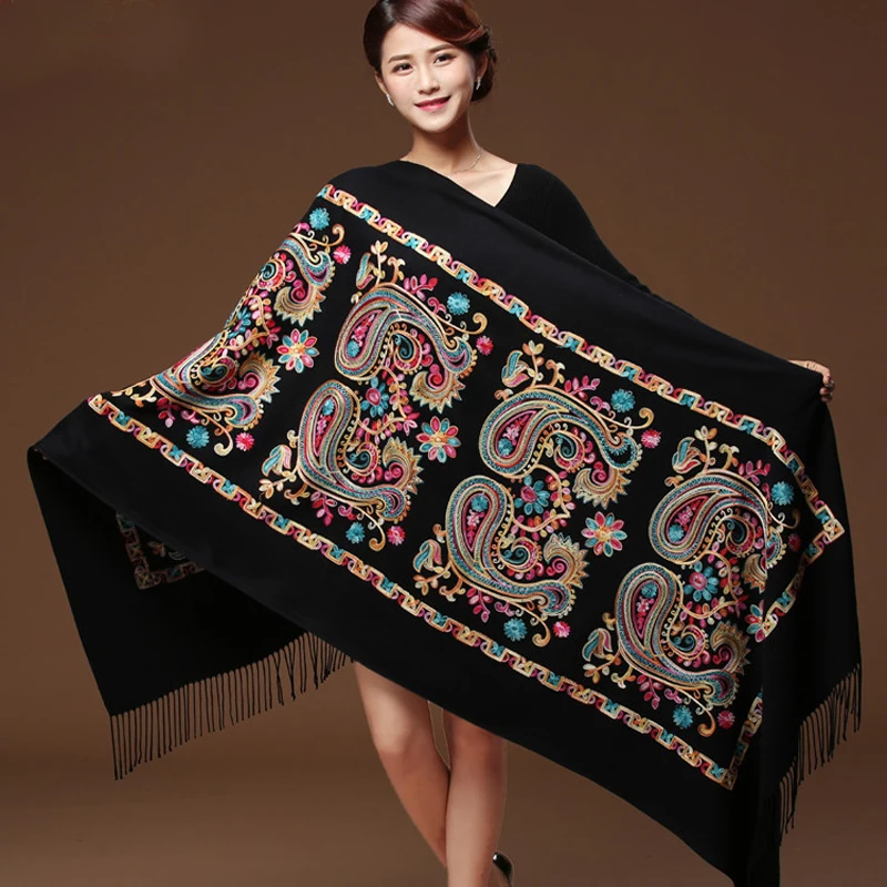 

Women Black Embroider Flower Pashmina Cashmere Scarf Winter Warm Fine Tassels Scarf Oversize Shawl Fashion Shawl Scarves WS1217