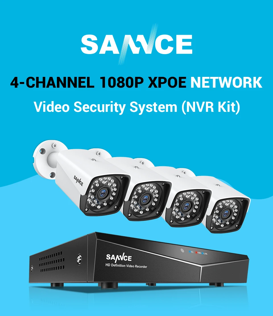 4CH, XPOE, 2MP, камера безопасности, комплект, 4 шт., 1080 P, пуля, ip-камера, уличная, водонепроницаемая, для видеонаблюдения, NVR, набор, IP66, SANNCE