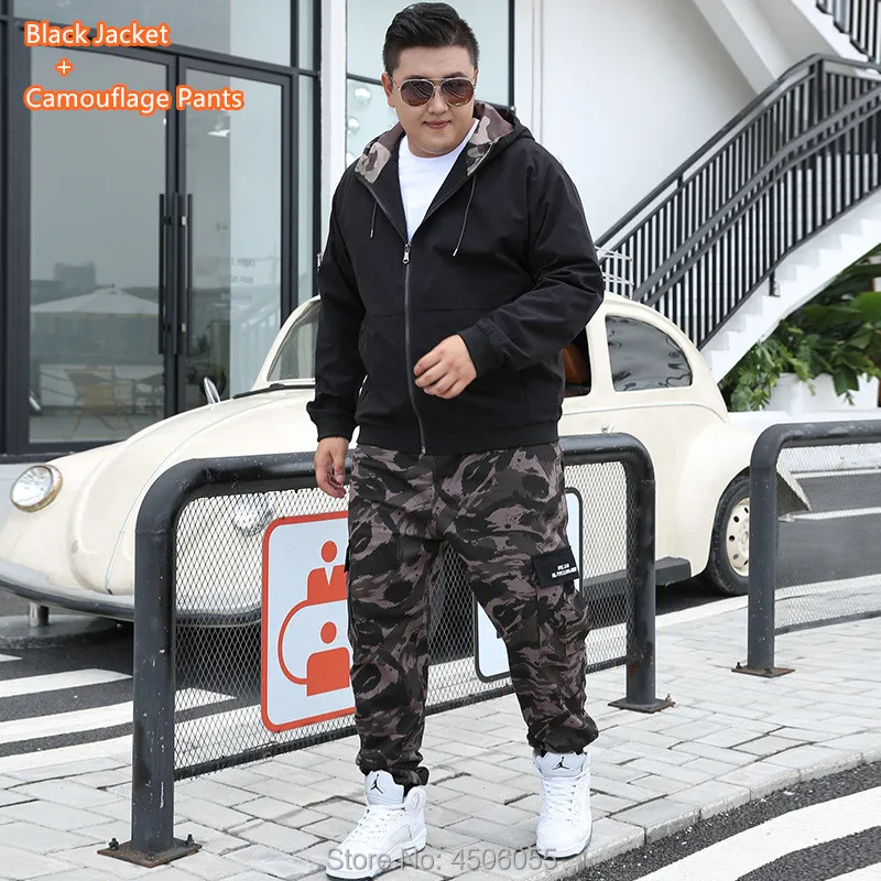 black set Мужская одежда, спортивный костюм, шаровары, Карго, камуфляжная куртка, штаны, комплект из 2 предметов, мужские толстовки с капюшоном, пальто XXXXL, спортивный костюм 6XL 7XL 8XL 9XL - Цвет: black set