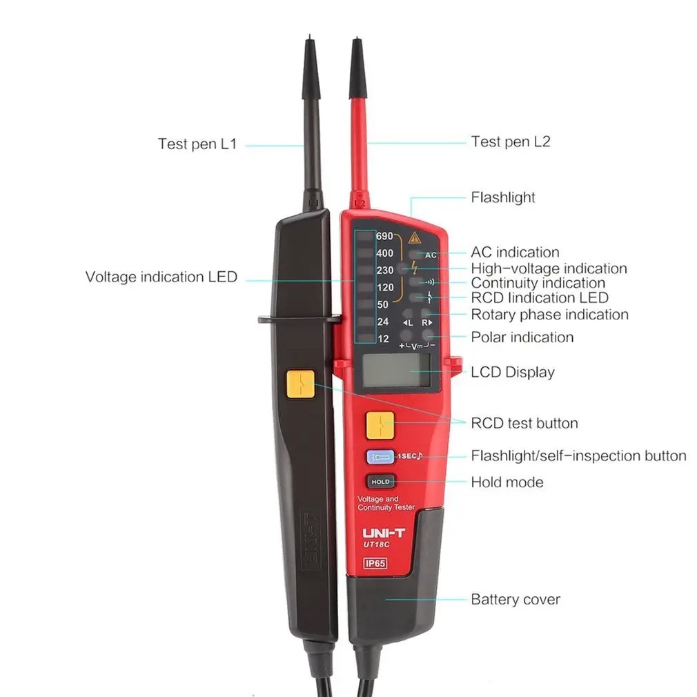 

UNI-T Цифровой вольтметр UT18C AC DC тестер непрерывного напряжения 690 В ЖК-дисплей 3-фазный последовательный RCD Электрический тестер