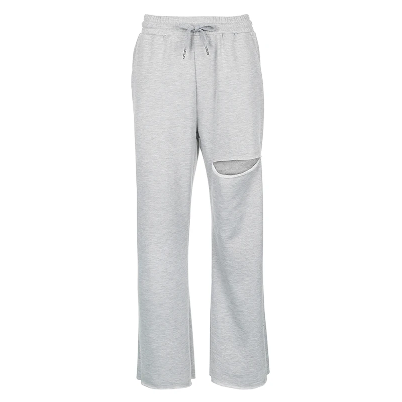 

Casual Loose Long Trousers Ladies Holes Elastic High Waist Pants Women Fashion Gray Straight Sweatpants Streetwear PA28006