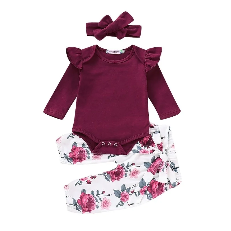

Princess girl clothes set fly sleeve romper +floral pants +headband clothes 0-18m Autumn Spring baby Girls Long sleeve bodysuits
