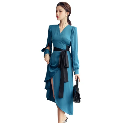 

Women Autumn Elegant Deep V Neck Long Party Dress Fashion Solid High Waist Long Sleeve Asymmetrical Office Lady Dress Vestidos