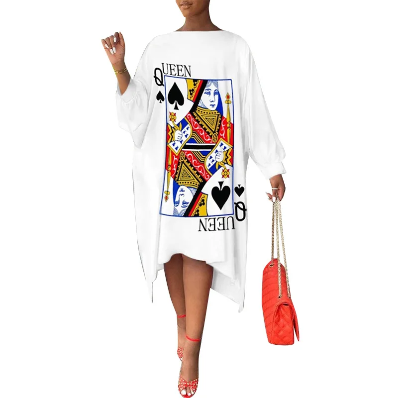 

Long T Shirt Dresses For Women Full Sleeve Slash Neck Robes Summer New Poker Q Print Loose Casual Home Wear Dress Vestidos 2021
