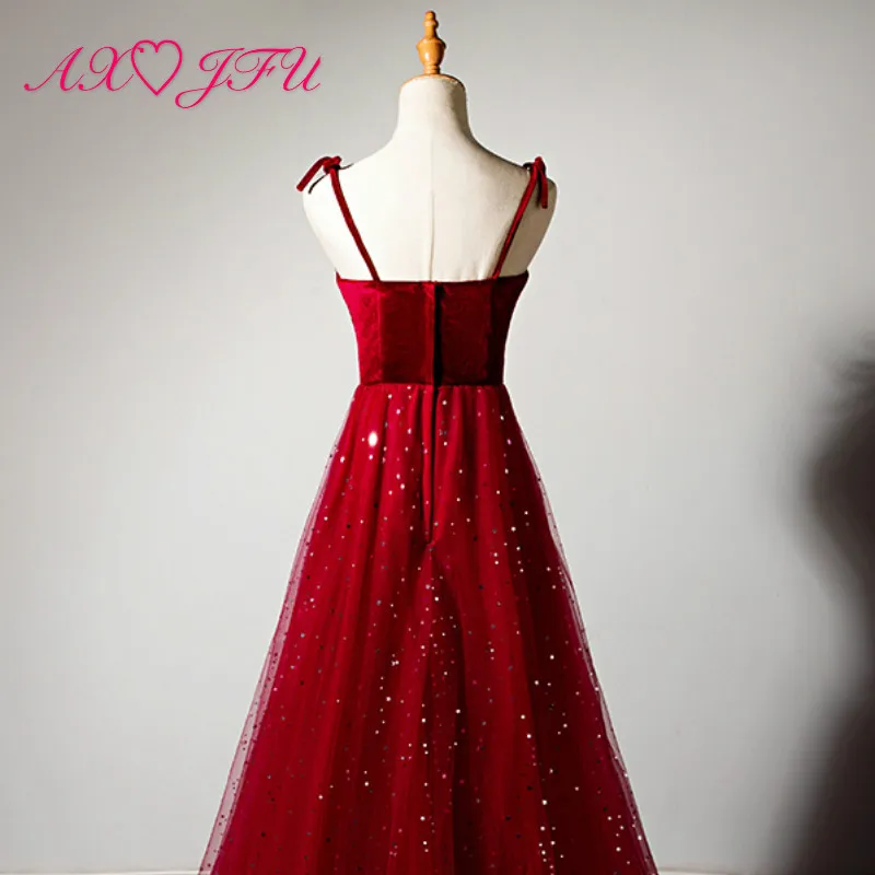 

AXJFU princess wine red lace evening Dress vintage party spaghetti strap bow sequins bride performance host red evening dress