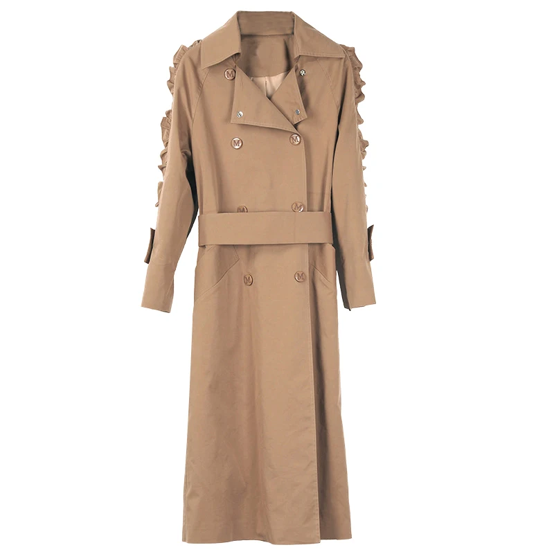 

High Quality Women'S 2021 Spring Khaki Slim Long Trench Coat Sexy Lapel Long Sleeve Double Breasted Belt Fashion Party Coat