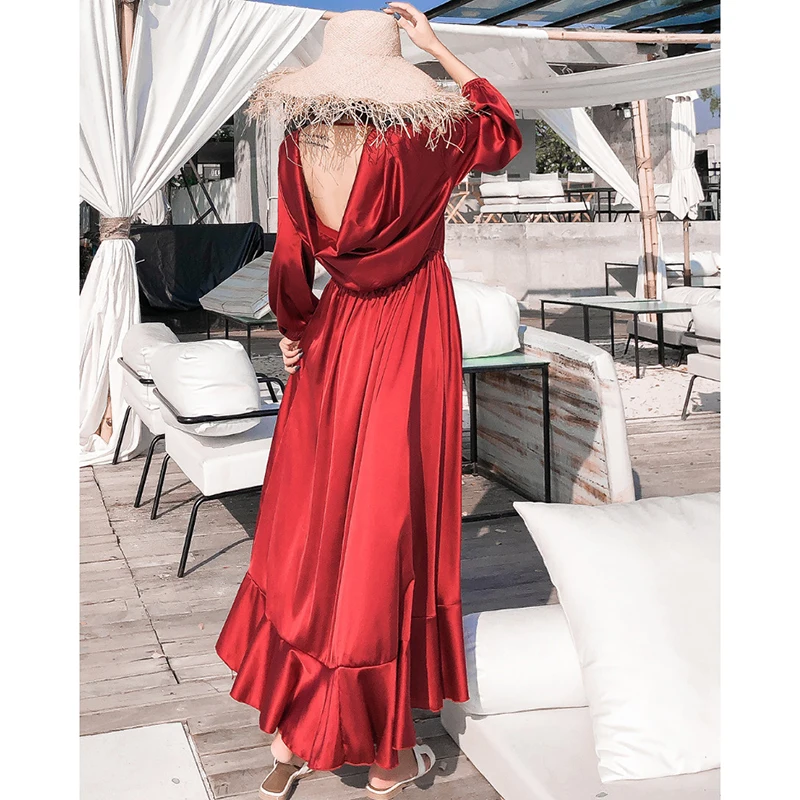 

V-neck Vintage Korean Runway 2021 Vestidos Women Burgundy Satin Maxi Backless Party Dress Elegant Summer Vacation Beach Dress