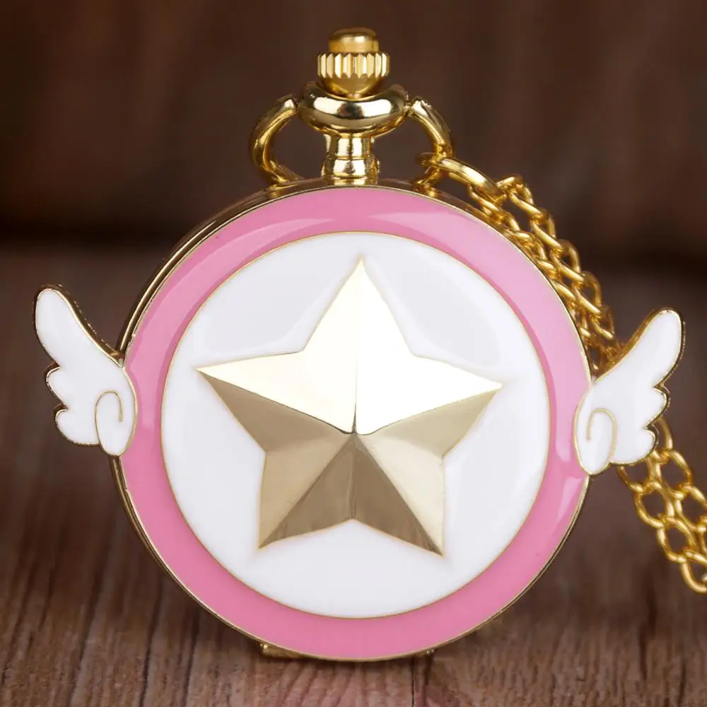 Винтажные Японские Аниме Cardcaptor Sakura кварцевые карманные часы золотые милые стационарные Звездные Крылья подвеска цепь часы для девочек и женщин