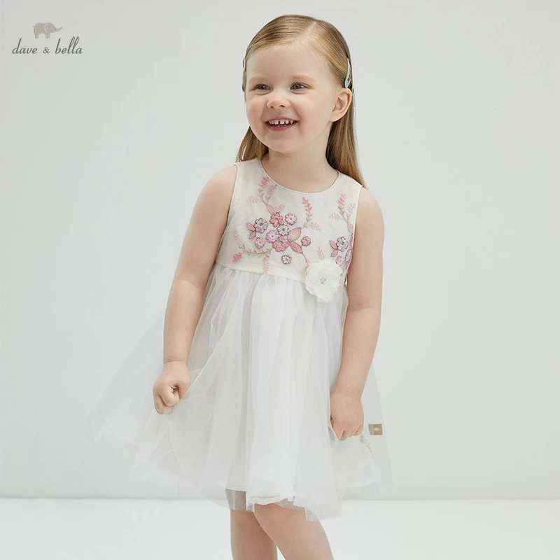 

DB16924 dave bella summer baby girl's cute floral embroidery mesh dress children fashion party dress kids infant lolita clothes