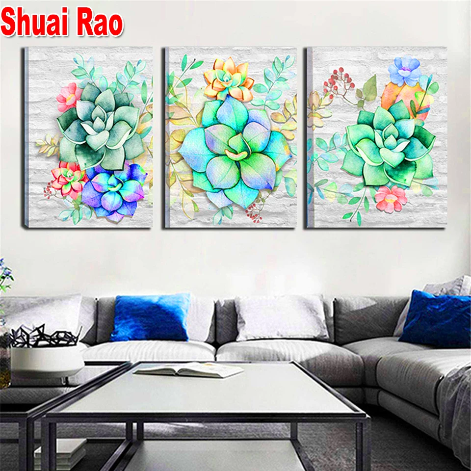 

Triptych Diamond painting Succulents Cactus Mountain Rose Kitchen Bathroom Art Full Square Round diamond embroidery 3 Pcs,