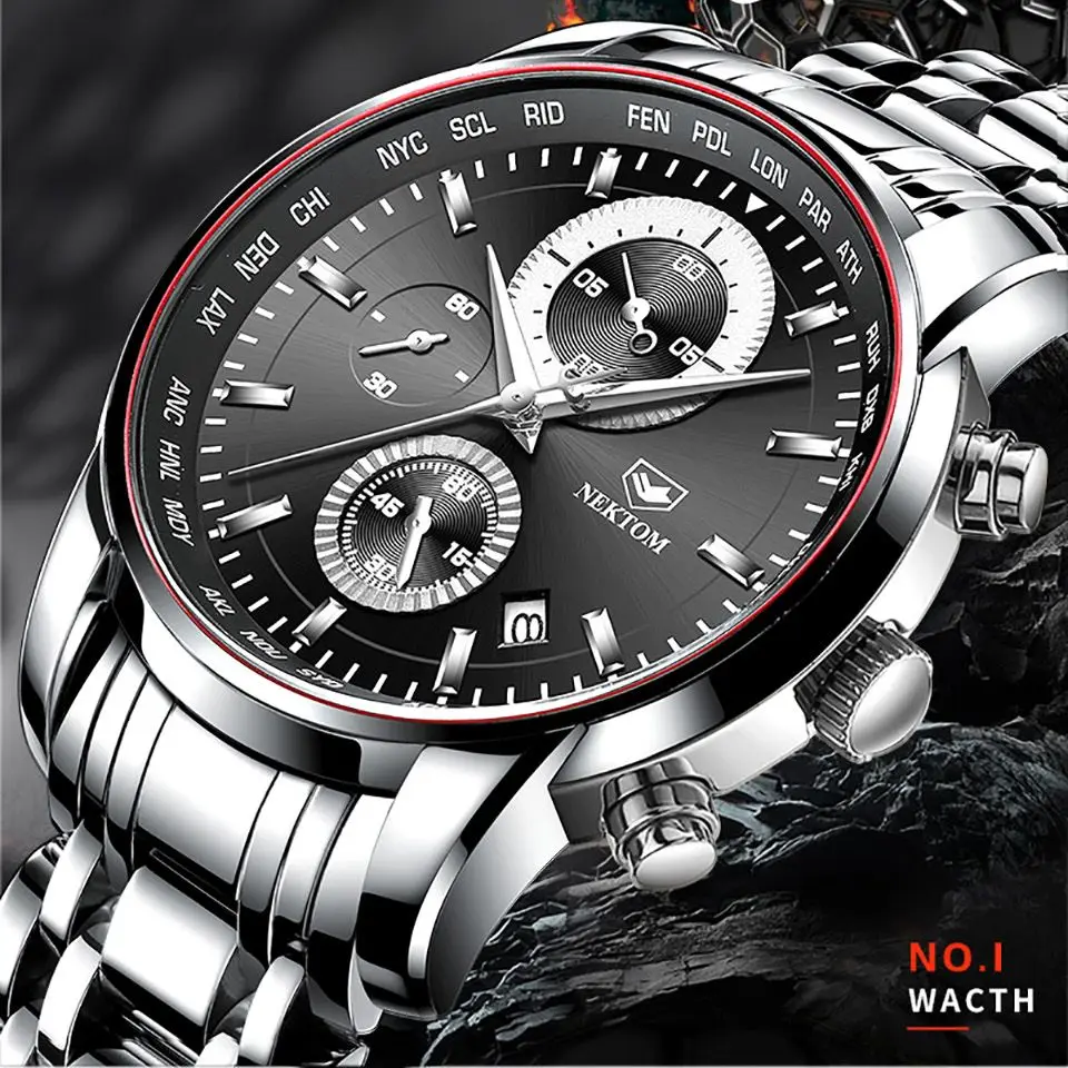 

NEKTOM 8189 Men's Watch Casual Chronograph Luxury Quartz Waterproof Bussiness Stainless Steel Men Wristwatches Relogio Masculino