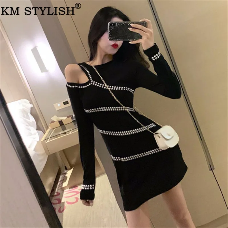 

Women's Vestidos Long Sleeve Black One-piece Dress Autumn Sexy Lady Leaky Shoulder Rivet see through sexi Slim Bag Hip Dress