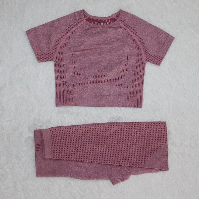 Женские Летние бесшовные комплекты для йоги, спортивные костюмы для фитнеса, одежда для спортзала, футболки для йоги с высокой талией и легг...