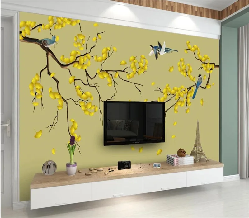 Настенные обои на заказ роспись ginkgo ручная цветы и птицы новый китайский фон