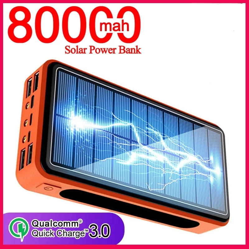 

80000mAh Solar Power Bank for Xiaomi IPhone Battery Panel with Camping Light 4USB External Battery Powerbank Fast Charger