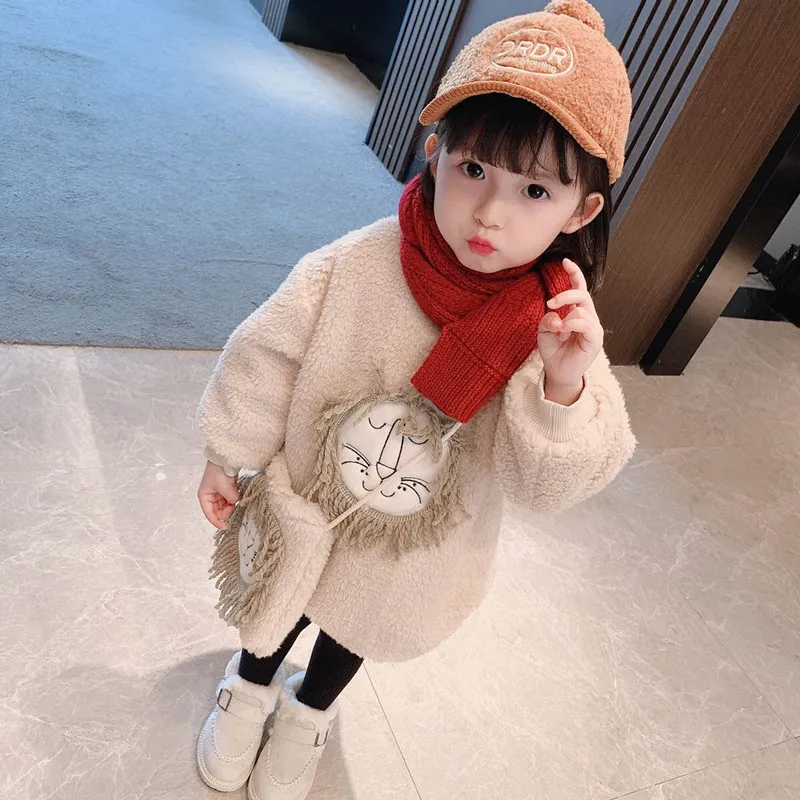 

Vintage Lion Winter Spring Warm Clothes Girls Sweater Kids Plus Velvet Toddler Teens Tops Thicken Children High Quality 2021